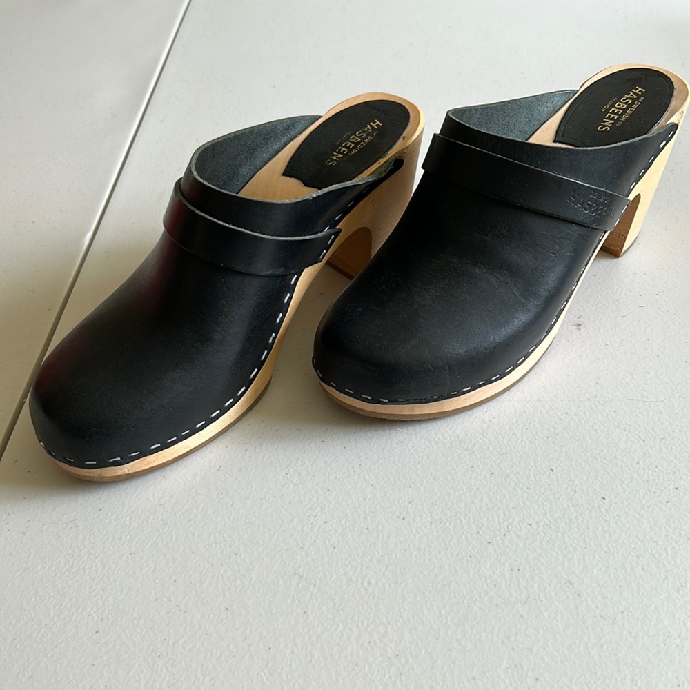 Swedish Hasbeens Black Leather Mules
